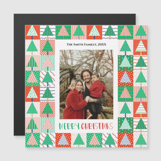 Frohe Weihnachten Moderne Patchwork-Weihnachtsbäum Magnetkarte (Vorne/Hinten)
