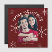Frohe Weihnachten Moderne Red Script Snowflakes Magnetkarte (Vorne/Hinten)