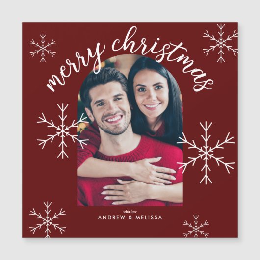 Frohe Weihnachten Moderne Red Script Snowflakes Magnetkarte (Vorderseite)