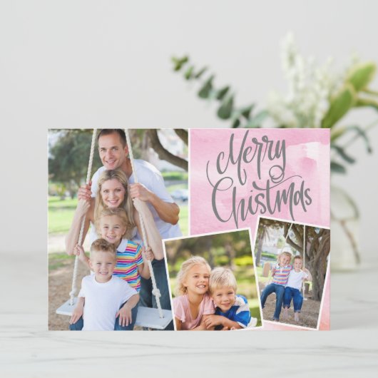 Frohe Weihnachten Moderne rosa Wasserfarbe Drei Fo (Stehend Vorderseite)