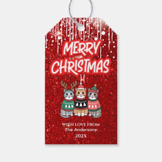 Frohe Weihnachten Moderne rote Niedliche Katzen Geschenkanhänger (Vorderseite)
