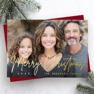 Frohe Weihnachten moderne Schrift tiefrote Foto Folien Feiertagskarte