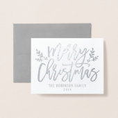 Frohe Weihnachten Moderne Script Holiday Foto Silv Folienkarte (Vorderseite mit Umschlag)