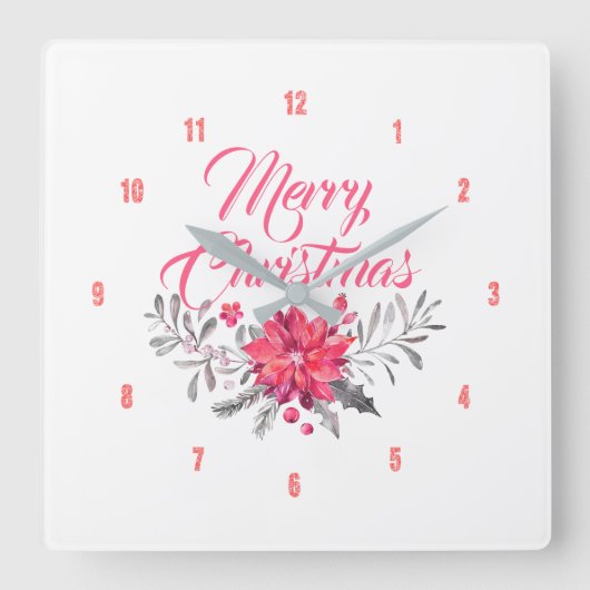 Frohe Weihnachten Moderne Typografie Blume Bouquet Quadratische Wanduhr (Vorderseite)