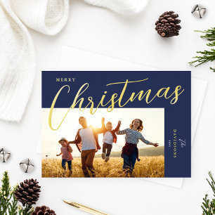 Frohe Weihnachten Modernes Blue Gold Script Foto Folien Feiertagskarte