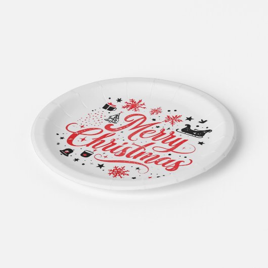 Frohe Weihnachten Modernes Design | Rot und Weiß Pappteller (Schrägansicht)