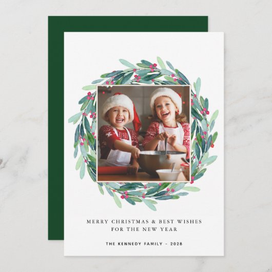 Frohe Weihnachten Modernes Foto Holiday Holly Wrea (Vorne/Hinten)