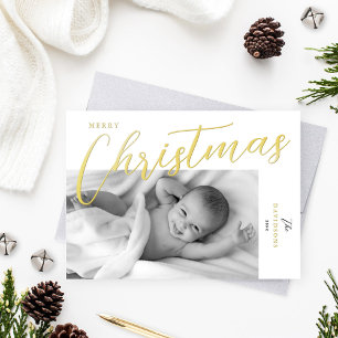 Frohe Weihnachten Modernes Gold Script-Foto Folien Feiertagskarte