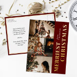 Frohe Weihnachten Modernes Red Gold Script Foto Folien Feiertagspostkarte<br><div class="desc">Frohe Weihnachten Modern Red Gold Script Foto Modern Real Foil Holiday Postcard. Mit dieser festlichen und modernen Urlaubskarte senden Sie Ihren Lieben eine Urlaubskarte. Alle Texte sind so vorbereitet,  dass Sie sie einfach und schnell mit Ihren eigenen Details personalisieren können. Gute Ferien!</div>