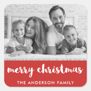 Frohe Weihnachten Modernes Rot und Weiß und Foto Quadratischer Aufkleber
