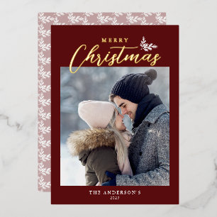 Frohe Weihnachten Modernes Script Foto Red Gold Folien Feiertagskarte