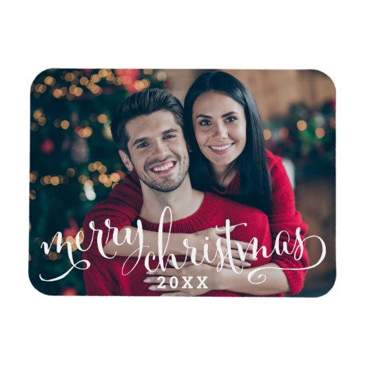 Frohe Weihnachten Modernes White Script Foto Magnet (Horizontal)