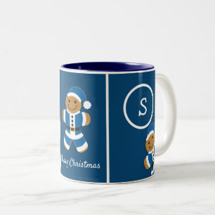 Frohe Weihnachten Monogramm Gingerbrot Santa Blue Zweifarbige Tasse