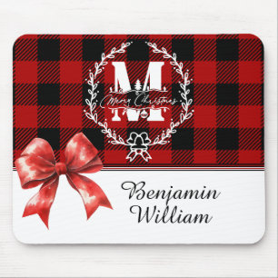 Frohe Weihnachten Monogramm Kranz Buffalo Kariert Mousepad