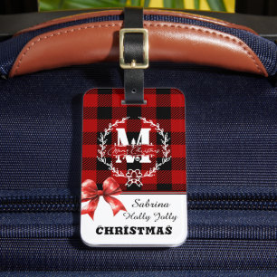 Frohe Weihnachten Monogramm Kranz Buffalo Plaid Gepäckanhänger