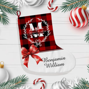 Frohe Weihnachten Monogramm Kranz Buffalo Plaid Großer Weihnachtsstrumpf