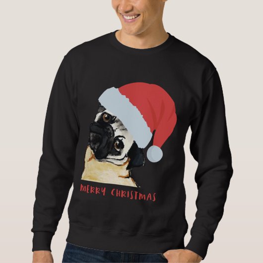 Frohe Weihnachten Mops mit Weihnachtsmannmütze Cla Sweatshirt (Vorderseite)