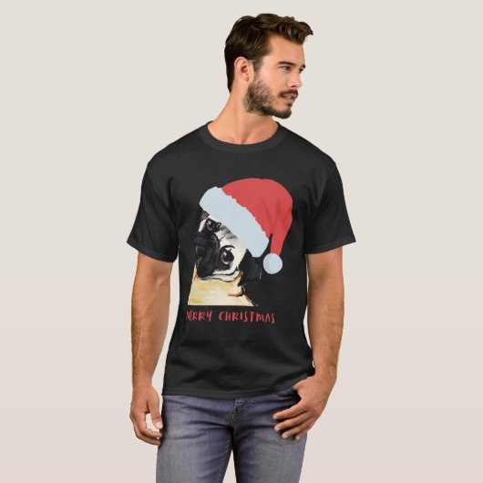 Frohe Weihnachten Mops mit Weihnachtsmannmütze Cla T-Shirt (Vorne ganz)