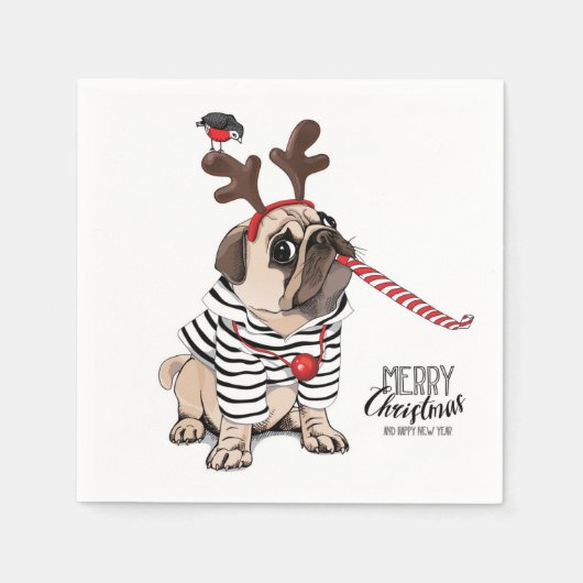 Frohe Weihnachten | Mops Reindeer Serviette (Vorderseite)