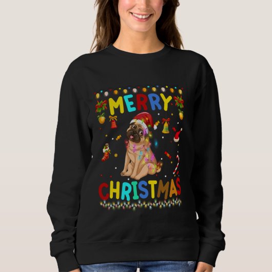 Frohe Weihnachten Mops Weihnachtsmannmütze Lights Sweatshirt (Vorderseite)