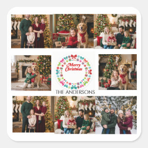 Frohe Weihnachten Multi-Foto-Familien-Quadrat-Aufk Quadratischer Aufkleber