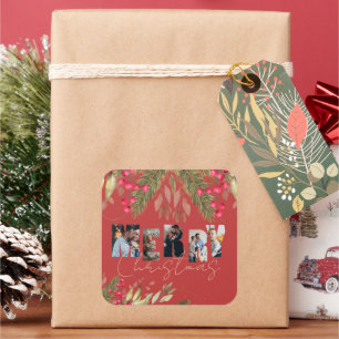 Frohe Weihnachten Multi Foto Rot Gold Feierparty Quadratischer Aufkleber
