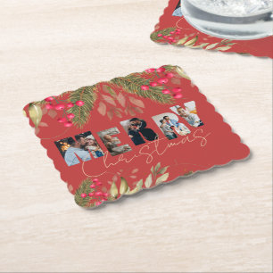 Frohe Weihnachten Multi Foto Rot Gold Feierparty Untersetzer