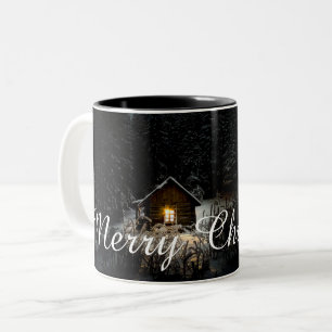 Frohe Weihnachten Mystische Hütte Tiefer Wald Zweifarbige Tasse