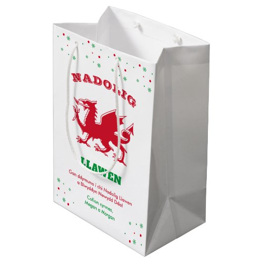 Frohe Weihnachten Nadolig Llawen Red Welsh Dragon Mittlere Geschenktüte (Rückseite Schrägansicht)