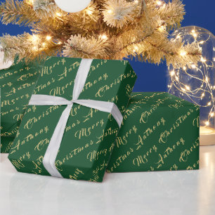 Frohe Weihnachten Name Grün Gold Einfach Modern Geschenkpapier