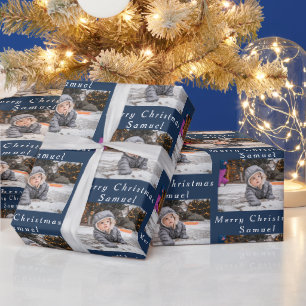 Frohe Weihnachten Name Navy Weiß Foto Collage Geschenkpapier