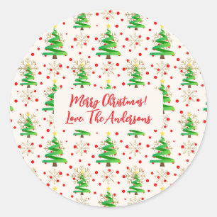"Frohe Weihnachten" Namen, Bäume & goldene Schneef Runder Aufkleber