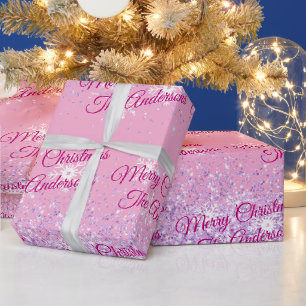 Frohe Weihnachten, Namen, Fuchsia Schrift, Glitter Geschenkpapier