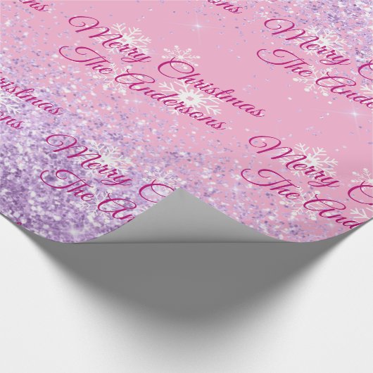 Frohe Weihnachten, Namen, Fuchsia-Script, Glitzer Geschenkpapier (Ecke)