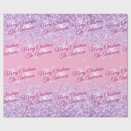Frohe Weihnachten, Namen, Fuchsia-Script, Glitzer Geschenkpapier (Flach)