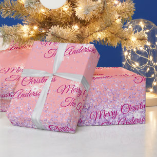 Frohe Weihnachten, Namen, Fuchsia-Script, Glitzer Geschenkpapier