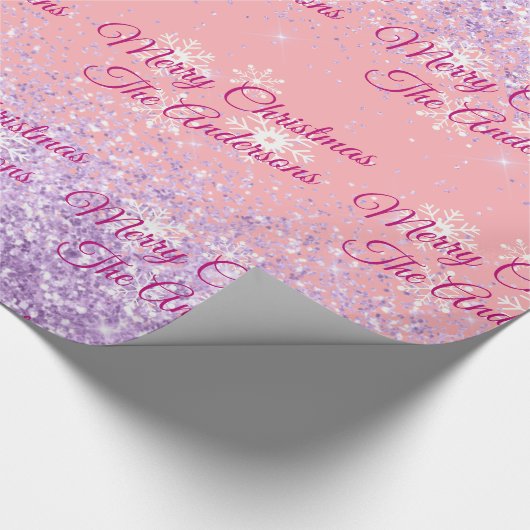 Frohe Weihnachten, Namen, Fuchsia-Script, Glitzer Geschenkpapier (Ecke)