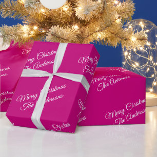 Frohe Weihnachten, Namen, weiße Schrift auf Fuchsi Geschenkpapier