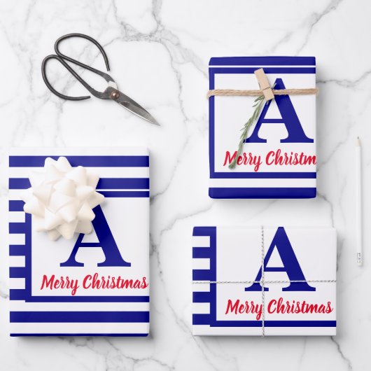 Frohe Weihnachten Nautical Monogram Red Blue White Geschenkpapier Set (Vorderseite)