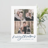 Frohe Weihnachten Navy Blue Script 3 Foto Collage (Stehend Vorderseite)