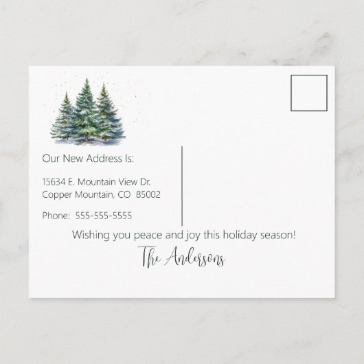 Frohe Weihnachten Neue Zuhause Pine Trees Ankündigungspostkarte (Rückseite)