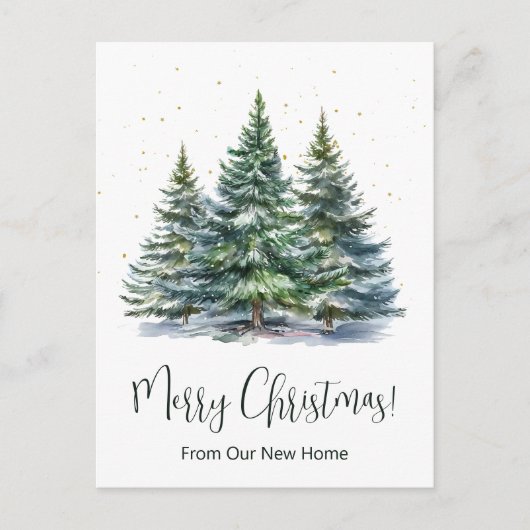 Frohe Weihnachten Neue Zuhause Pine Trees Ankündigungspostkarte (Vorderseite)