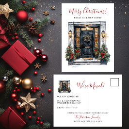 Frohe Weihnachten Neue Zuhause-Vordertür bewegen Ankündigungspostkarte
