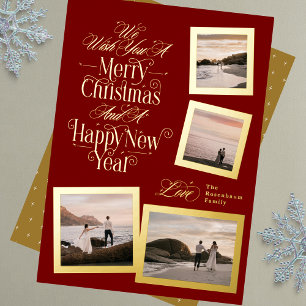 Frohe Weihnachten Neues Jahr auf roter Fotocollage Folien Feiertagskarte