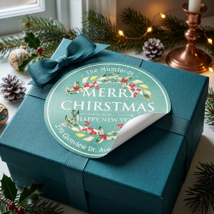 Frohe Weihnachten Neues Jahr Floral Rote Beere Adr Runder Aufkleber
