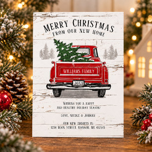 Frohe Weihnachten Neues Zuhause Vintage-Roter LKW Ankündigungspostkarte