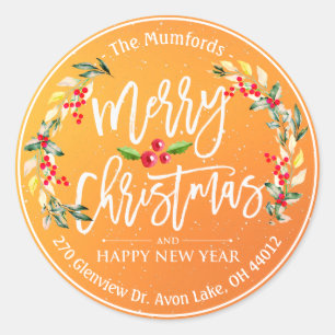 Frohe Weihnachten Neujahr Floral Red Berry Adresse Runder Aufkleber