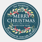 Frohe Weihnachten Neujahr Floral Red Berry Adresse Runder Aufkleber (Vorderseite)