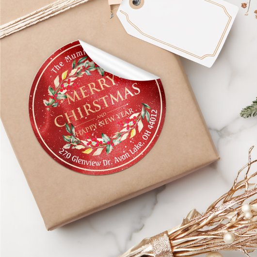 Frohe Weihnachten Neujahr Floral Red Berry Adresse Runder Aufkleber