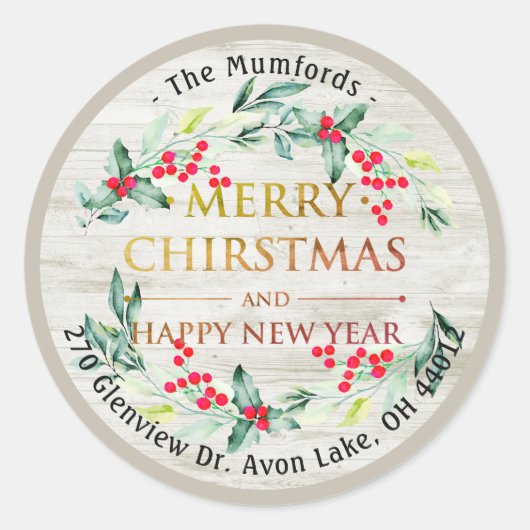 Frohe Weihnachten Neujahr Floral Red Berry Adresse Runder Aufkleber (Vorderseite)